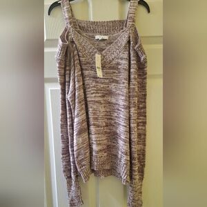 NEW YORK CO NWT Women's Marled Sweater Purple Cream Open Shoulder Cuffed Ribbed